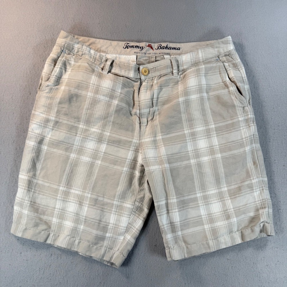 Y2K Tommy Bahama Mens Plaid Linen Cotton Shorts Beige White Size 36